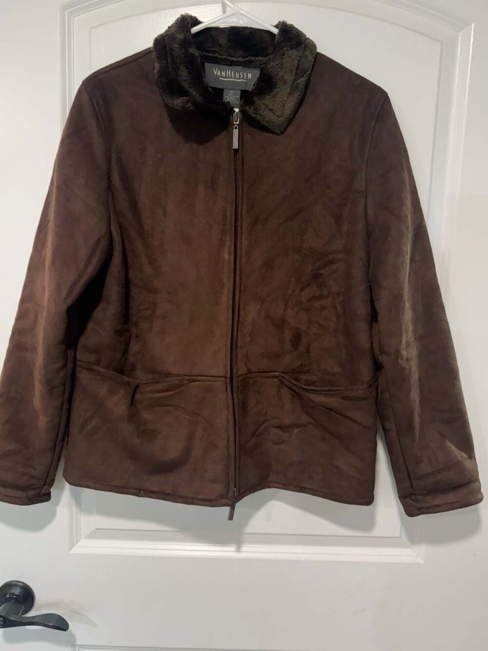 Chocolate Brown Faux Suede Sherpa Fleece Jacket Cozy Minimalist Women’s Medium